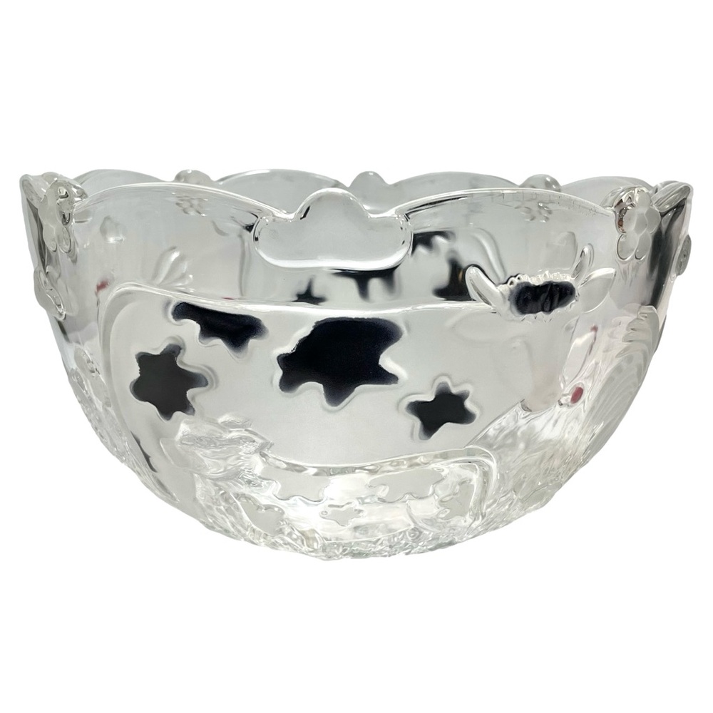 Vintage 1990s Glass Serving Bowl with Farmyard Animals - Cow, Chicken, Rooster
